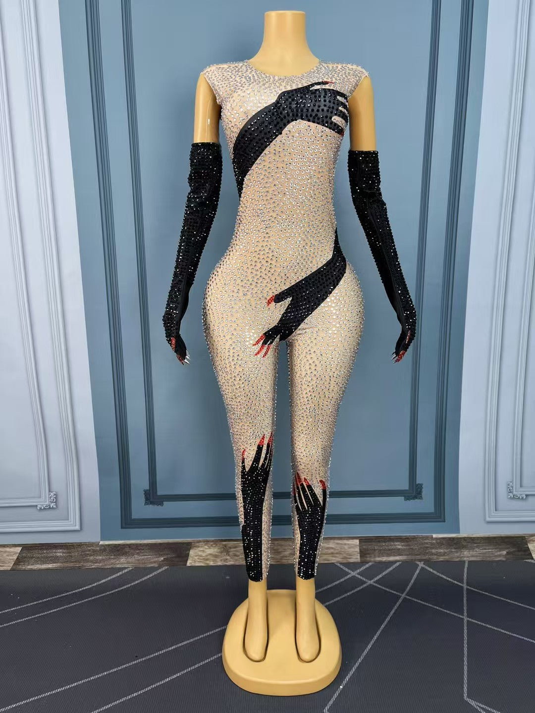 CELESINYI Heishoufubai Crystal Hand Catsuit