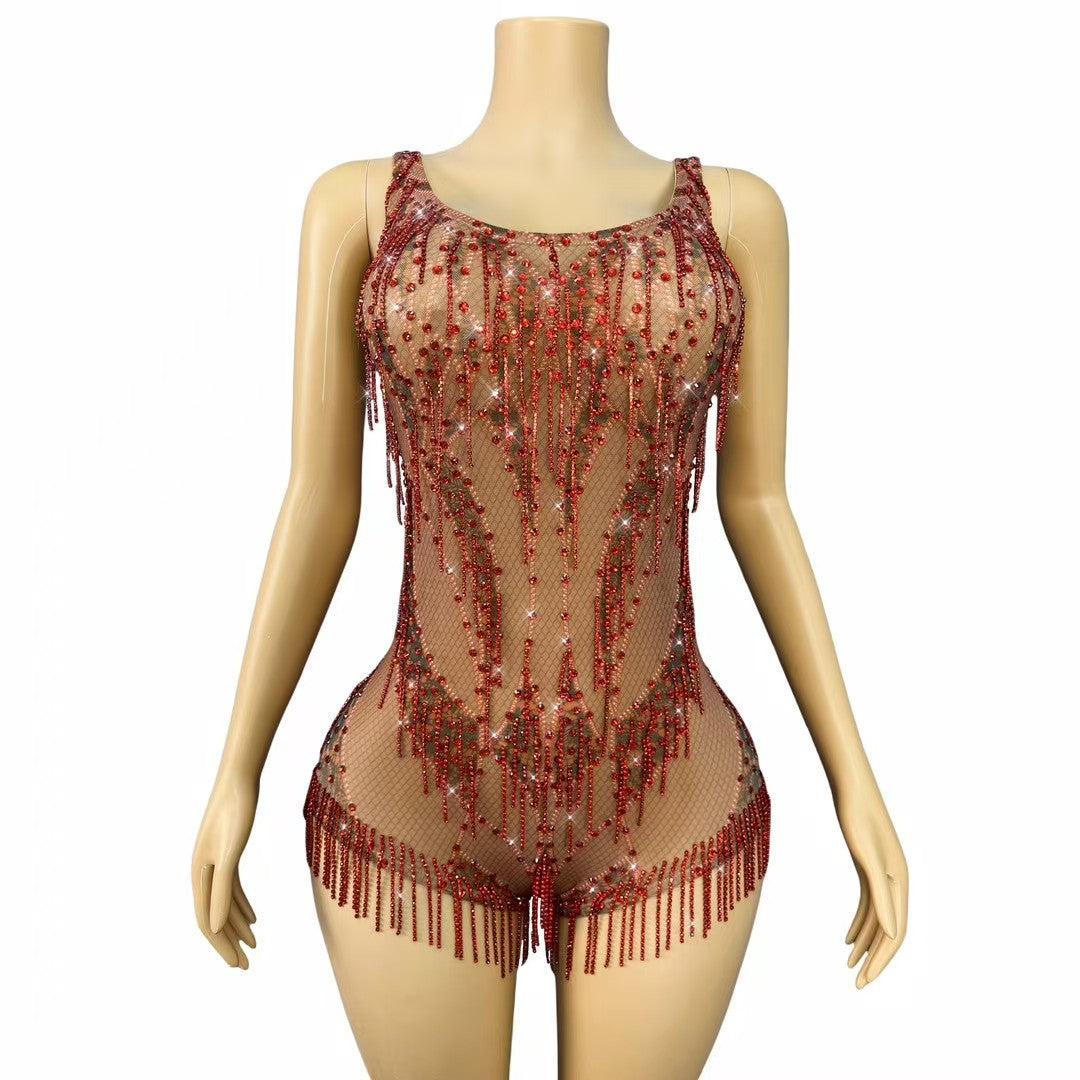 CELESINYI Honghuahui Crystal Red Mini Dress