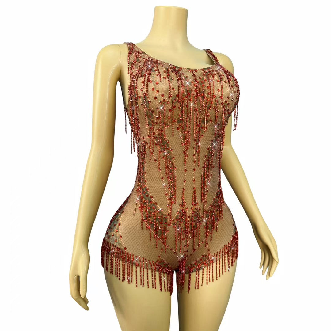 CELESINYI Honghuahui Crystal Red Mini Dress
