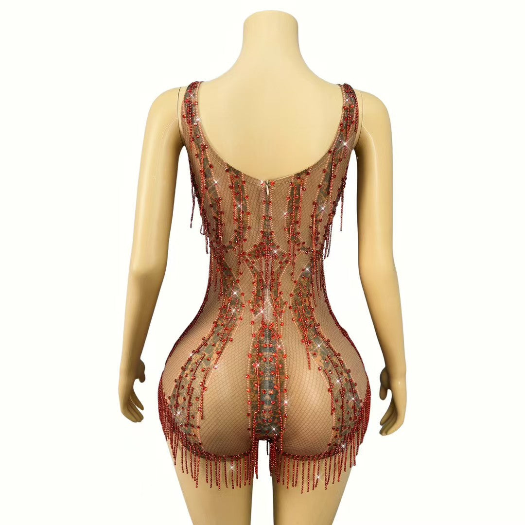 CELESINYI Honghuahui Crystal Red Mini Dress
