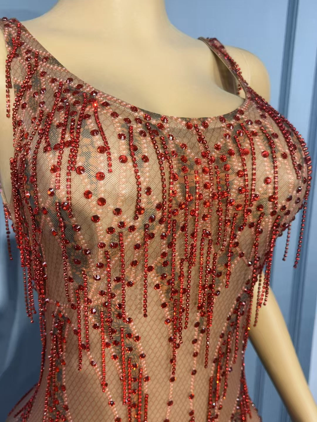 CELESINYI Honghuahui Crystal Red Mini Dress