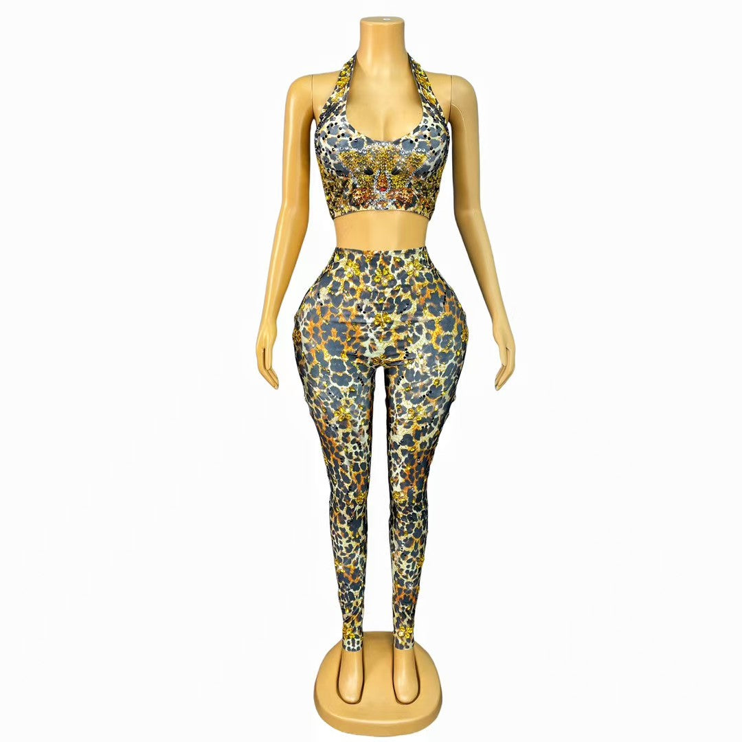 CELESINYI Bibao Crystal Leopard Bodysuit