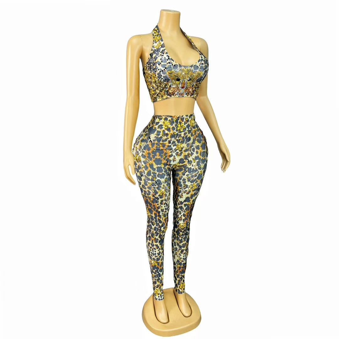 CELESINYI Bibao Crystal Leopard Bodysuit