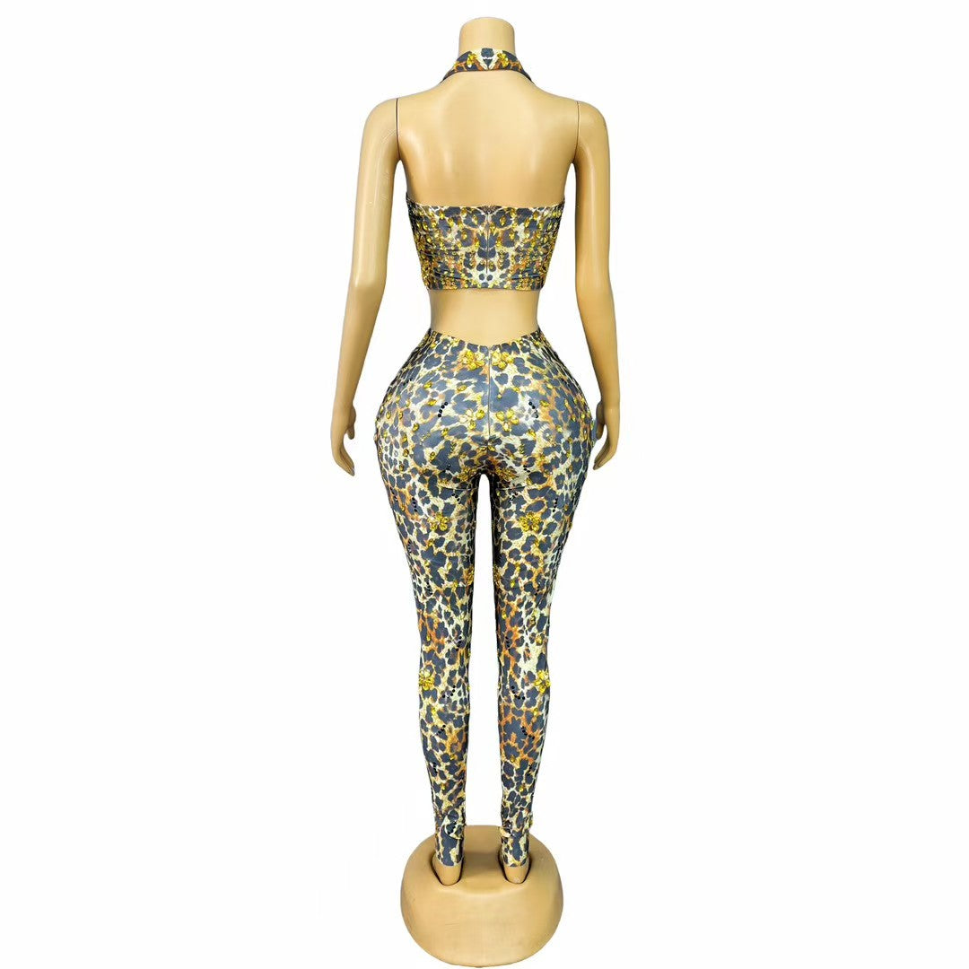 CELESINYI Bibao Crystal Leopard Bodysuit