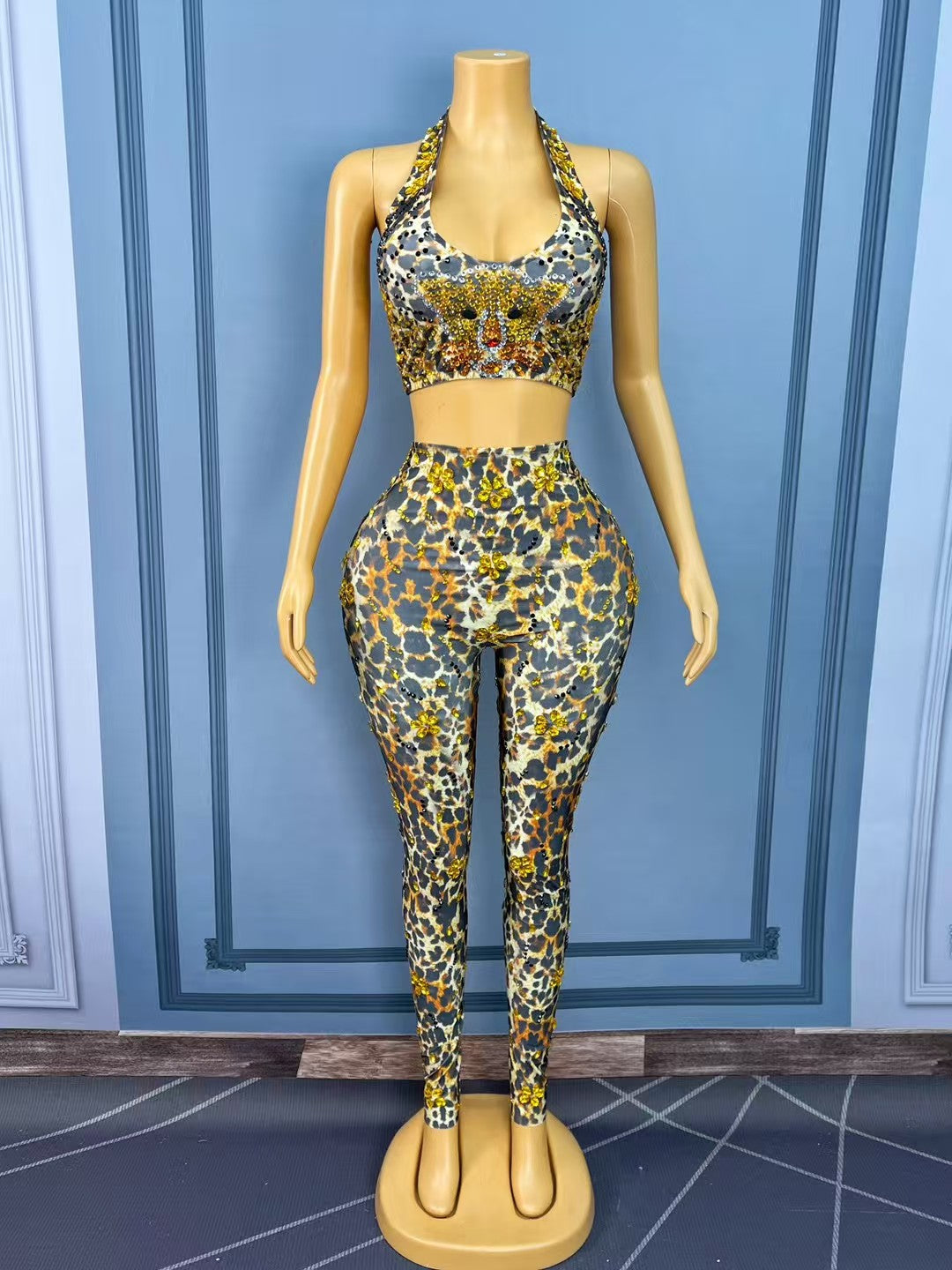 CELESINYI Bibao Crystal Leopard Bodysuit