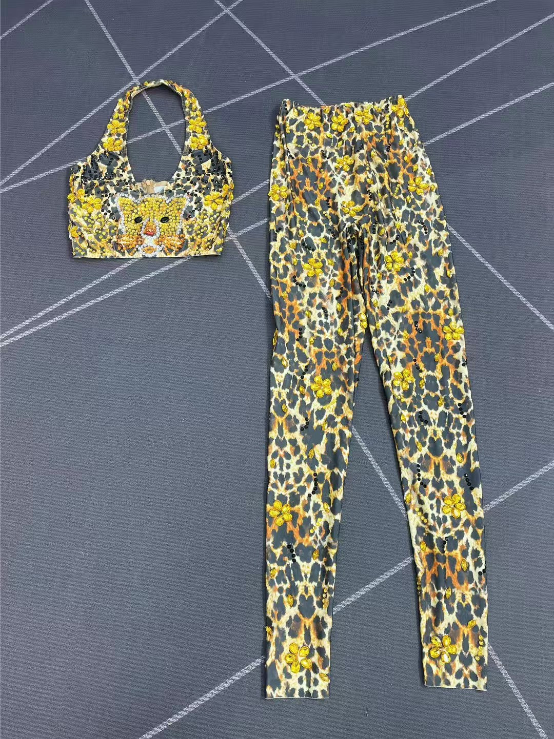 CELESINYI Bibao Crystal Leopard Bodysuit