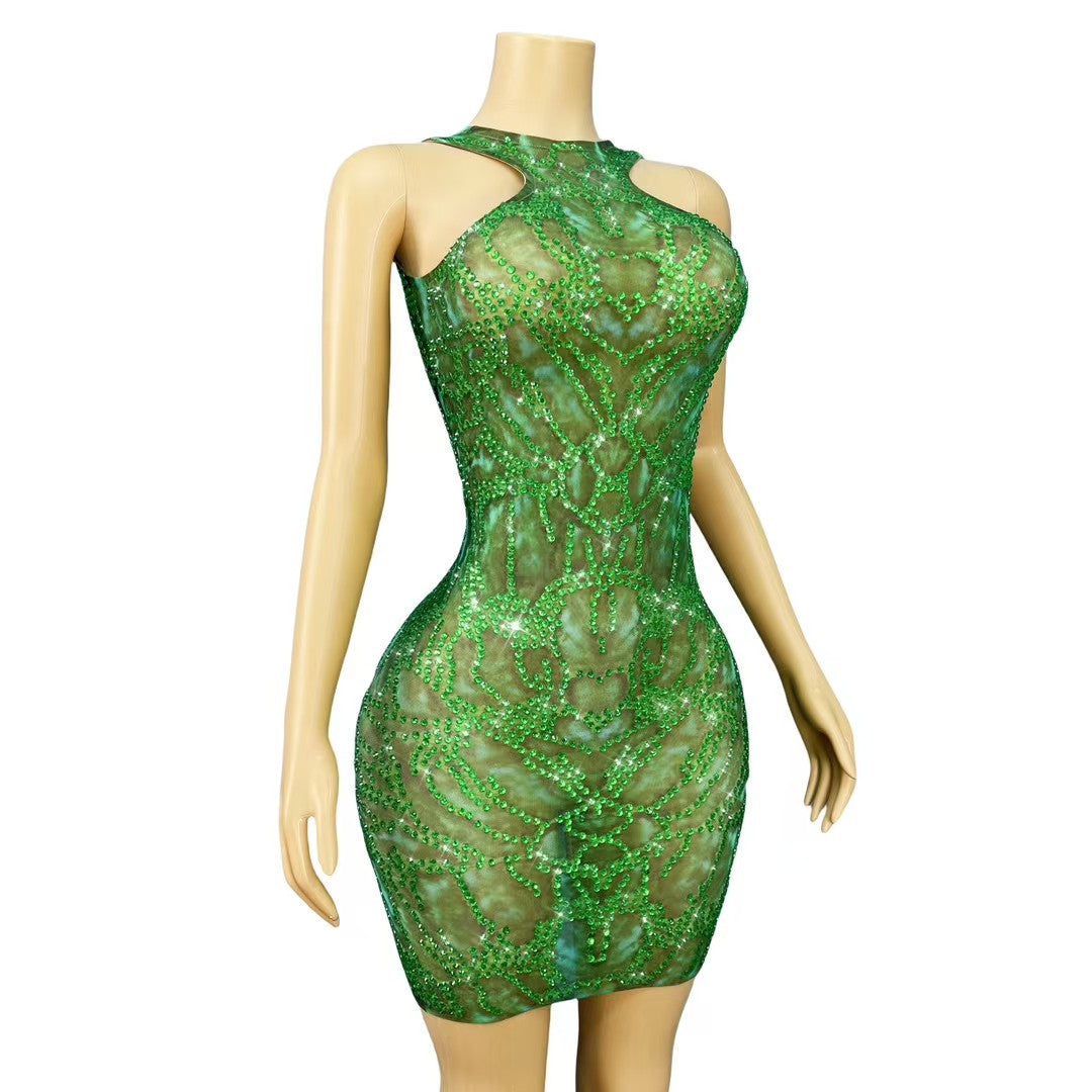 CELESINYI Anyinglv Crystal Emerald Mini Dress