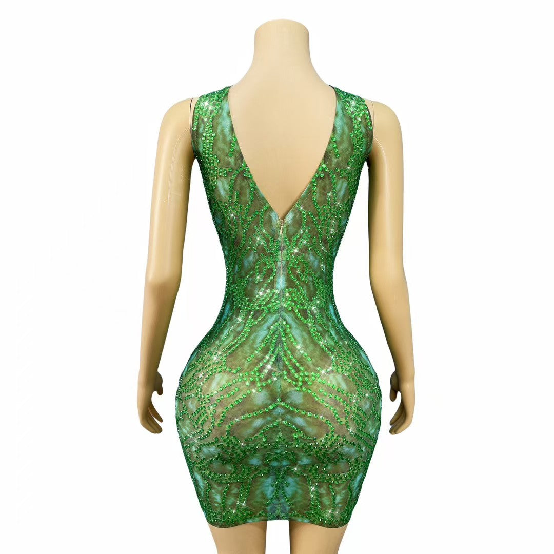 CELESINYI Anyinglv Crystal Emerald Mini Dress