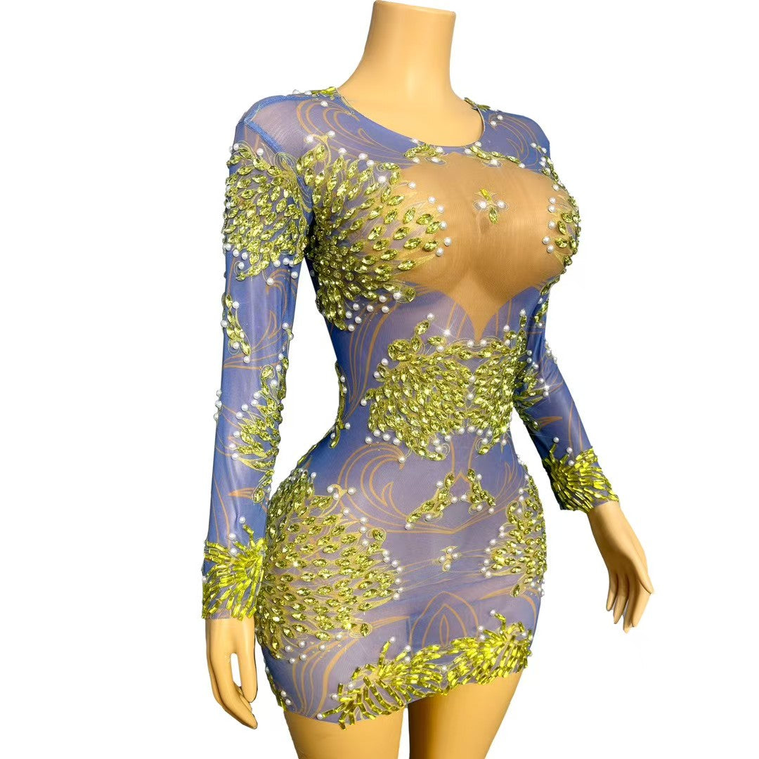 CELESINYI Qingyi Crystal Leaf Mini Dress