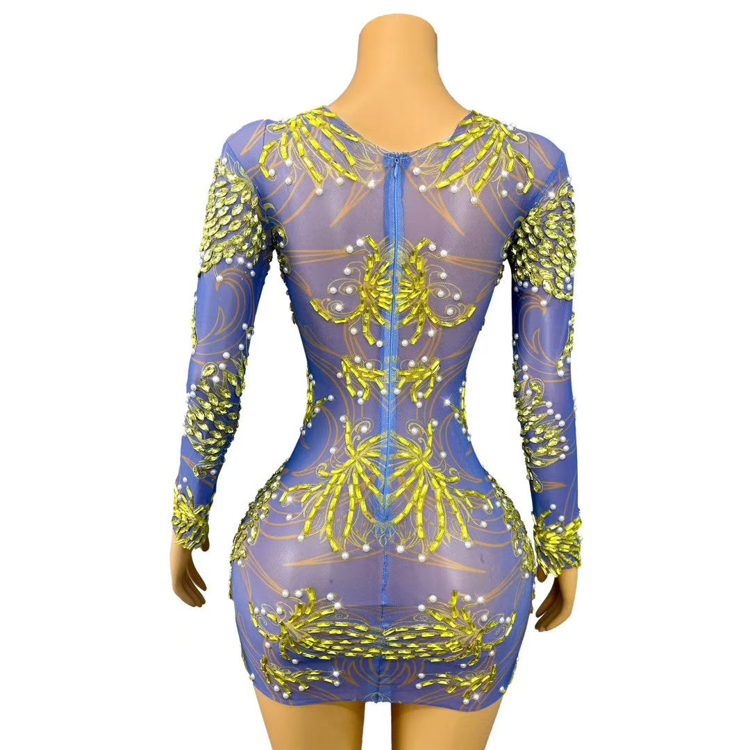 CELESINYI Qingyi Crystal Leaf Mini Dress