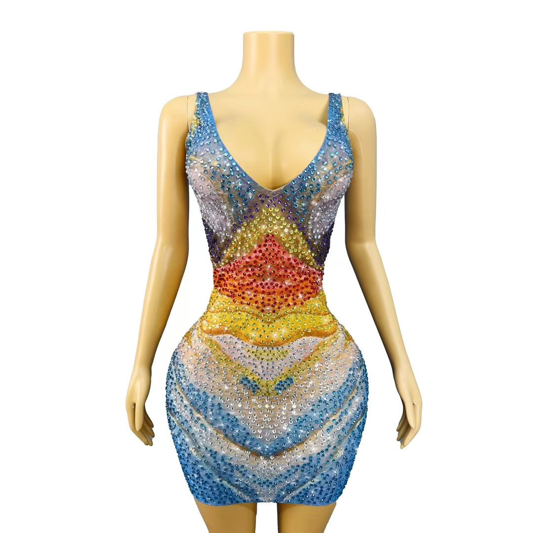 CELESINYI Qicaihe Crystal Rainbow Mini Dress