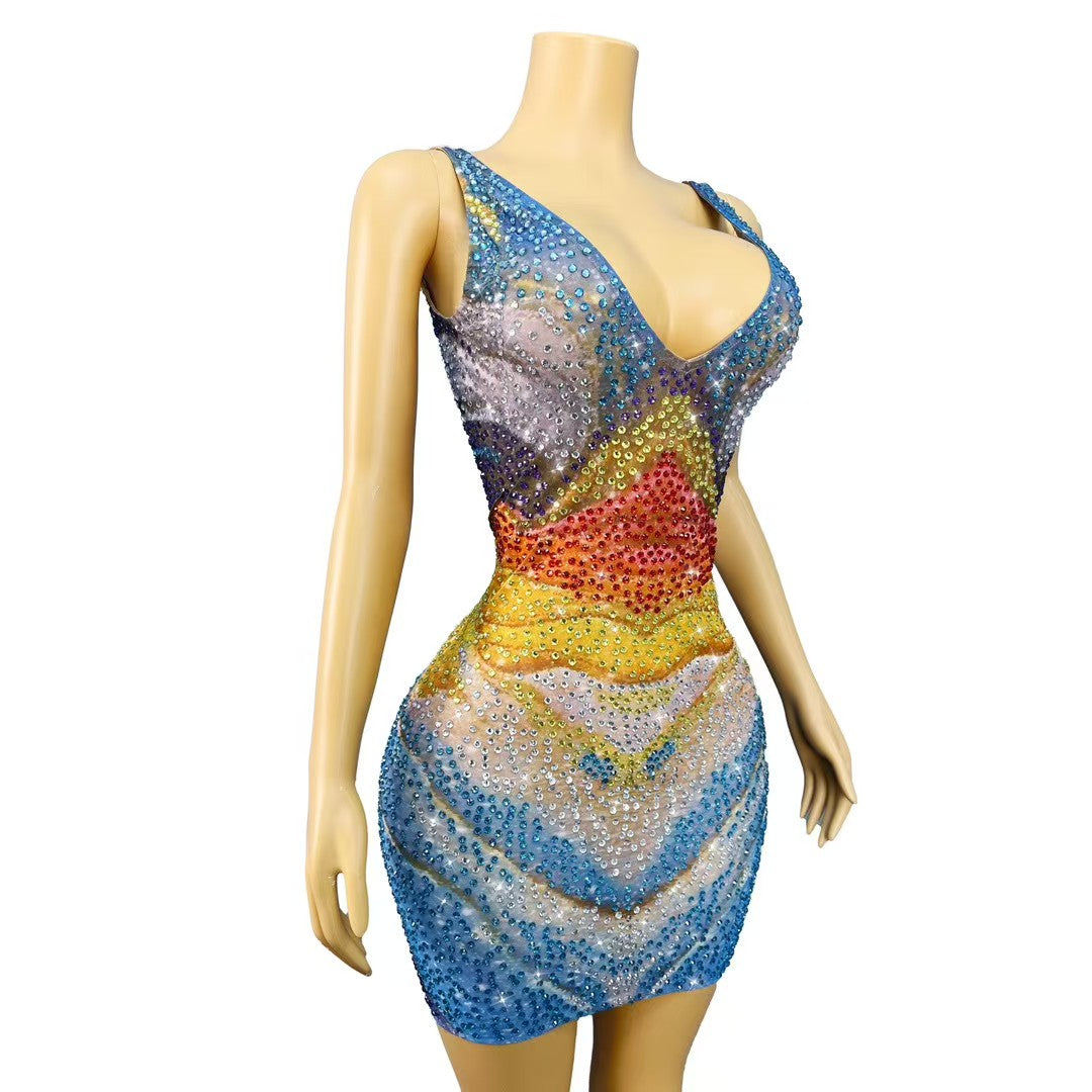 CELESINYI Qicaihe Crystal Rainbow Mini Dress