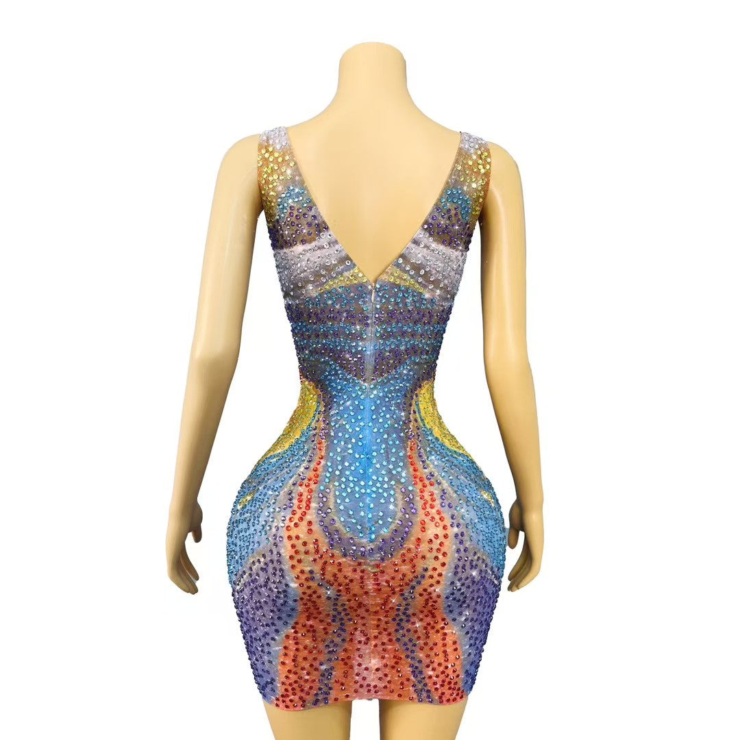 CELESINYI Qicaihe Crystal Rainbow Mini Dress
