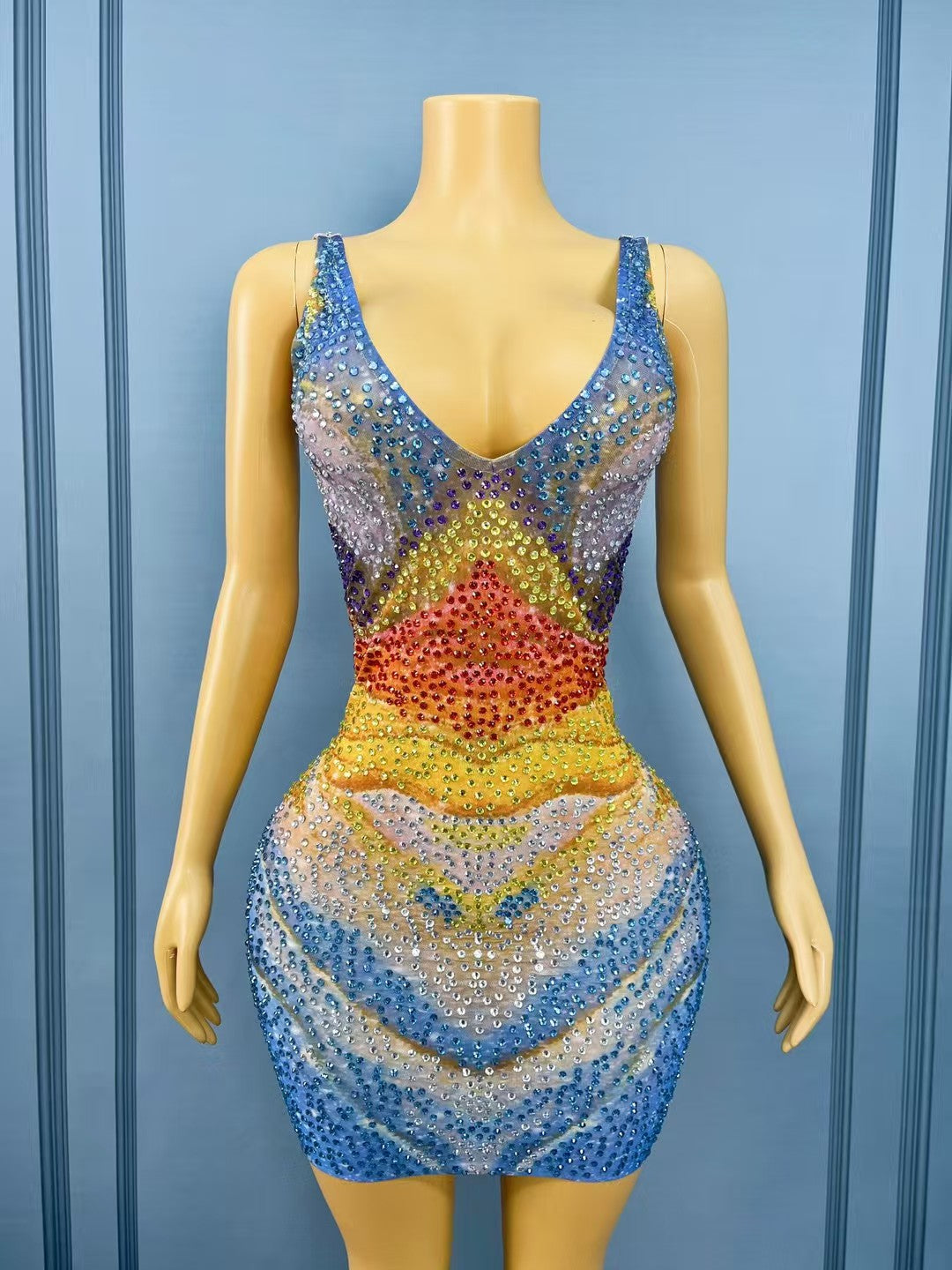 CELESINYI Qicaihe Crystal Rainbow Mini Dress