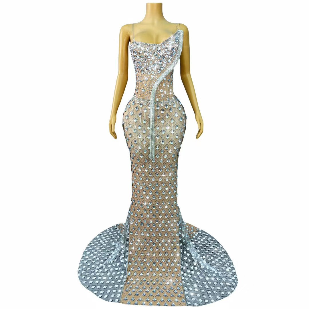 CELESINYI Baishe Crystal Fringe Mermaid Gown