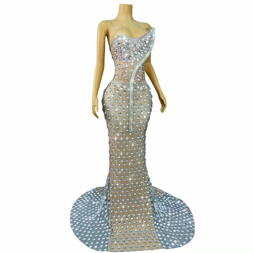CELESINYI Baishe Crystal Fringe Mermaid Gown