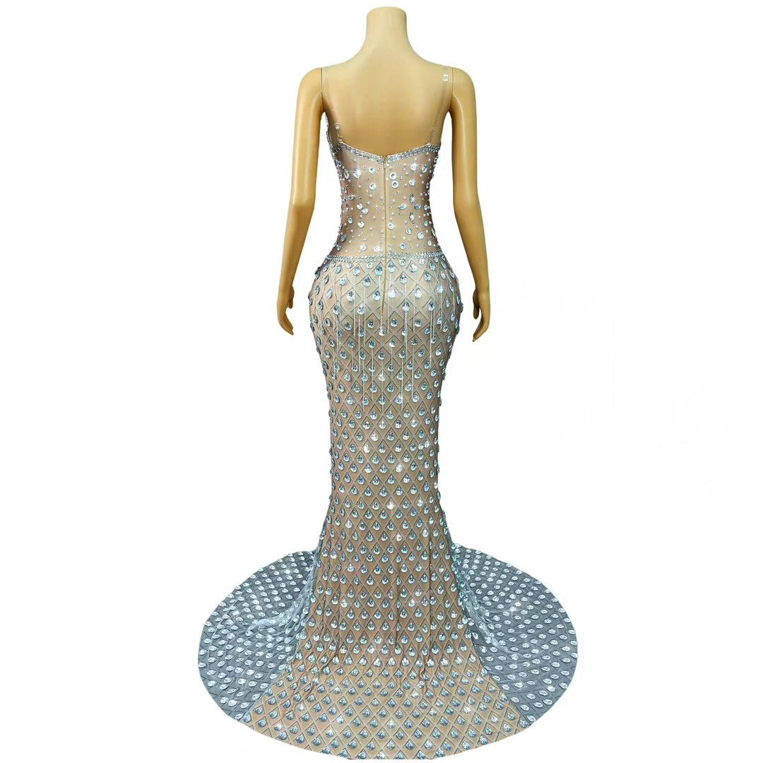 CELESINYI Baishe Crystal Fringe Mermaid Gown