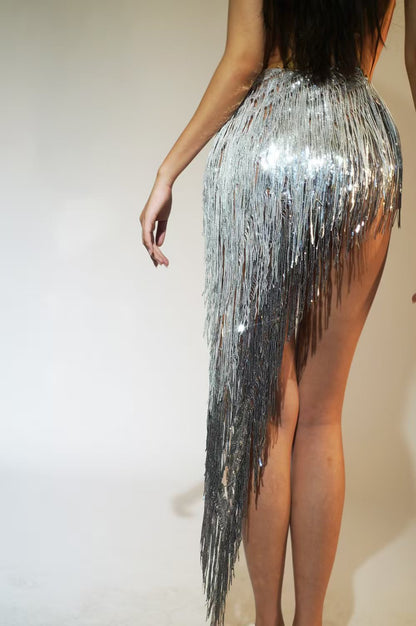 Weijing Silver Sequins Tassel Mini Skirt Crop Tops 2 Pieces Set