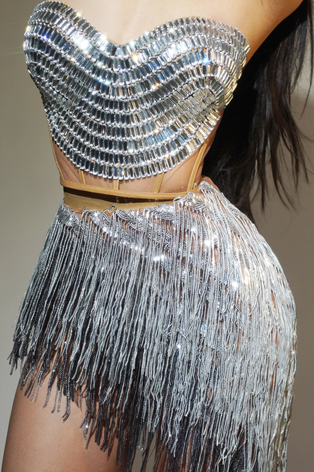 Weijing Silver Sequins Tassel Mini Skirt Crop Tops 2 Pieces Set