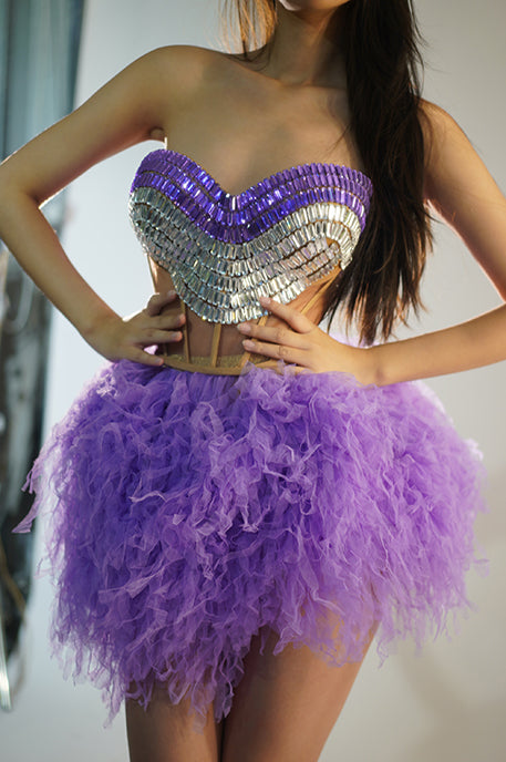 Jijing Purple Crystals Top Gauze Mini Skirt 2Pieces Set