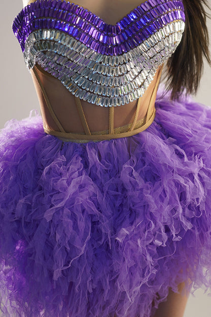 Jijing Purple Crystals Top Gauze Mini Skirt 2Pieces Set