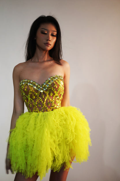 Qingtai Gold Rhinestone Crop Top Mini Skirt 2Pieces Set