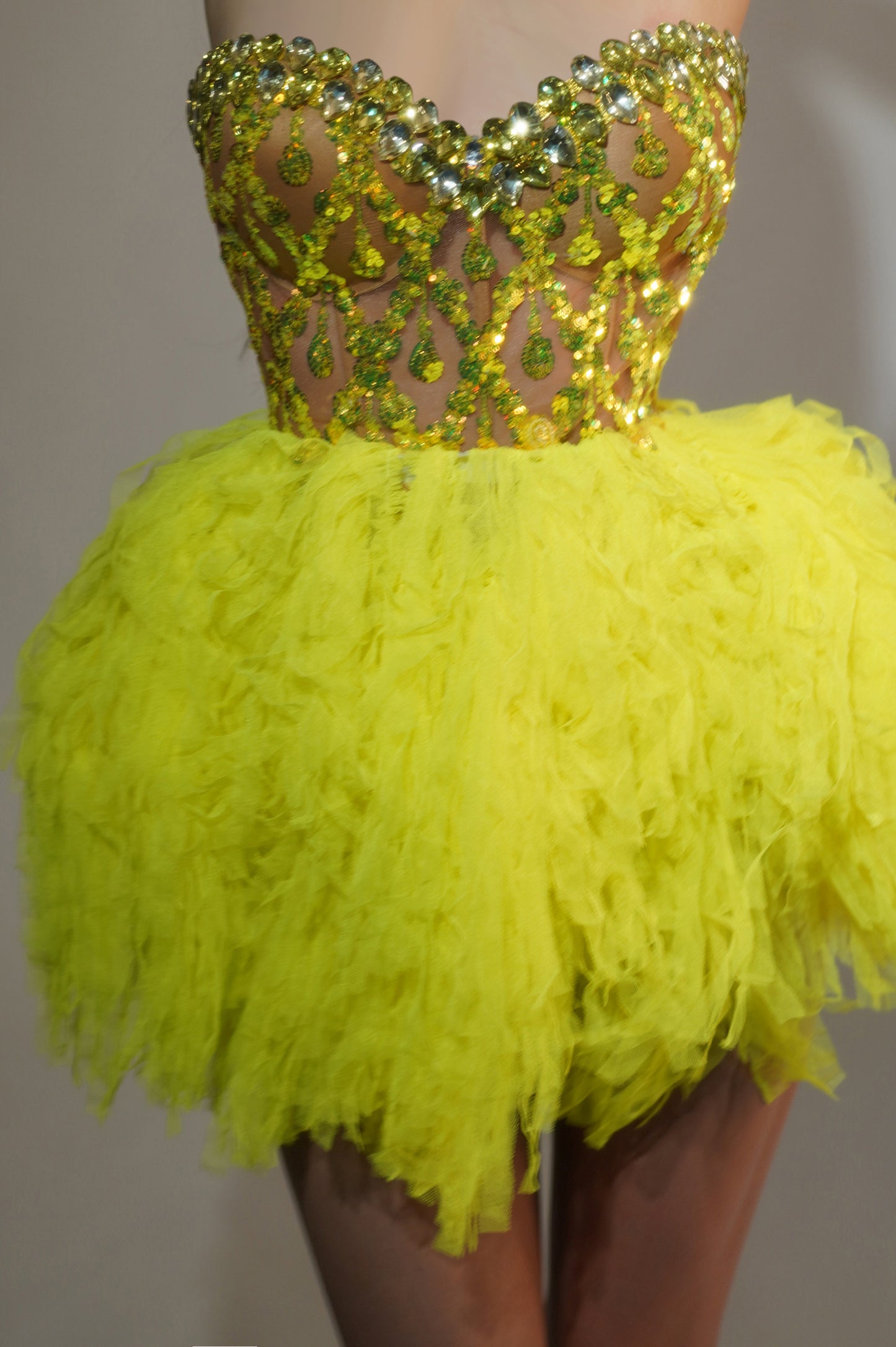 Qingtai Gold Rhinestone Crop Top Mini Skirt 2Pieces Set