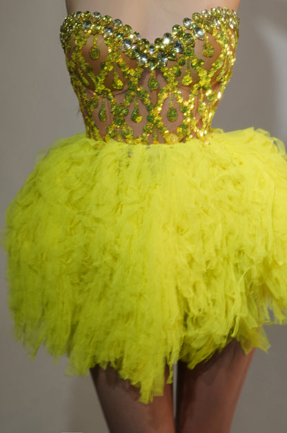 Qingtai Gold Rhinestone Crop Top Mini Skirt 2Pieces Set