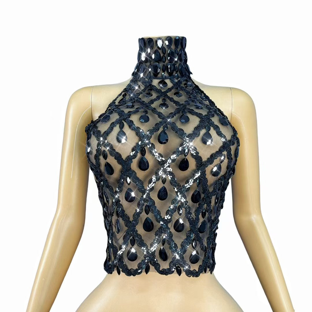 CELESINYI Shaokaoji Crystal Grid Crop Top (Black)