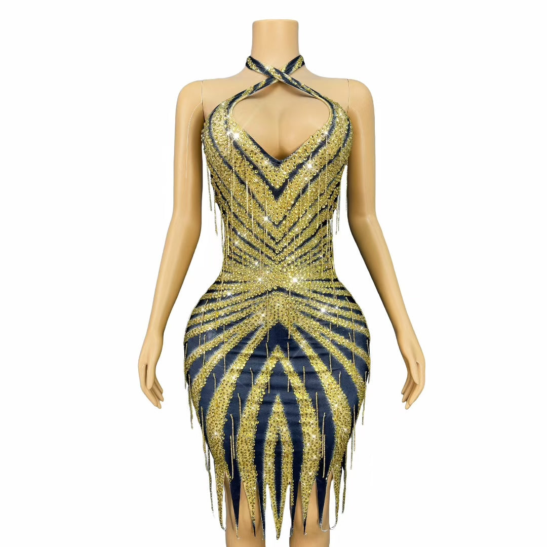 CELESINYI Jinmangwen Crystal Python Mini Dress