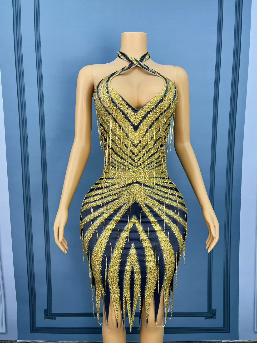 CELESINYI Jinmangwen Crystal Python Mini Dress