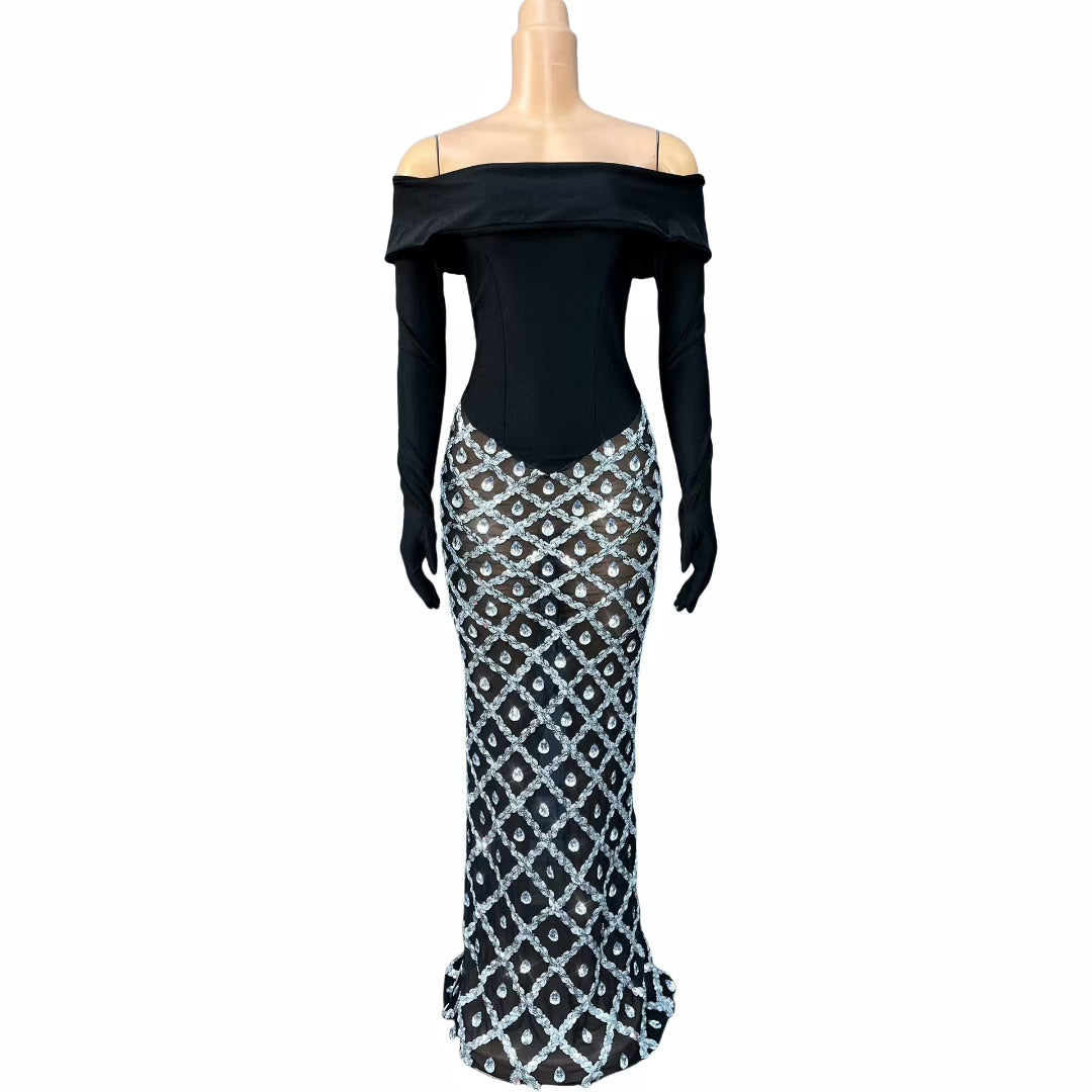 CELESINYI Heben Crystal Glove Mermaid Gown
