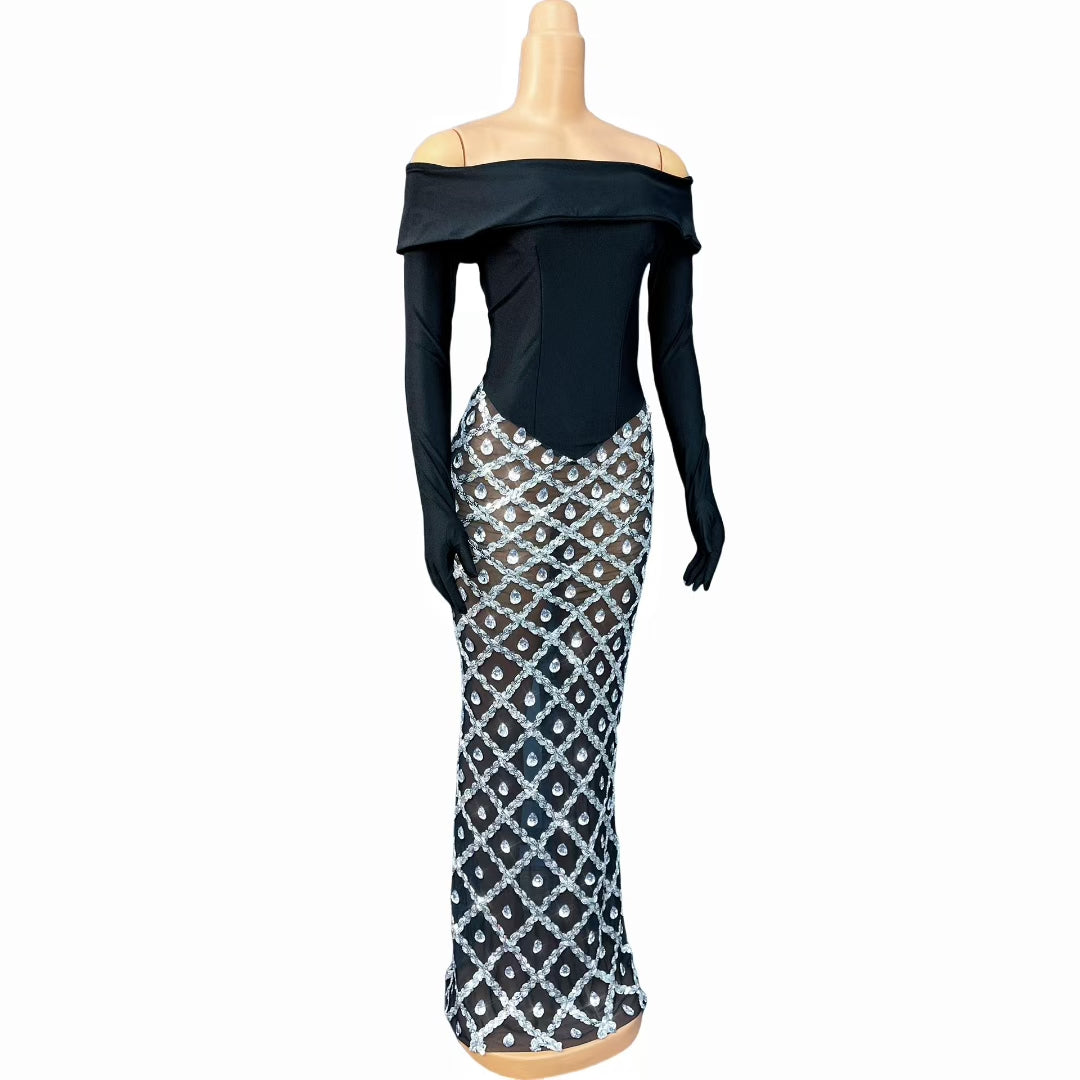 CELESINYI Heben Crystal Glove Mermaid Gown