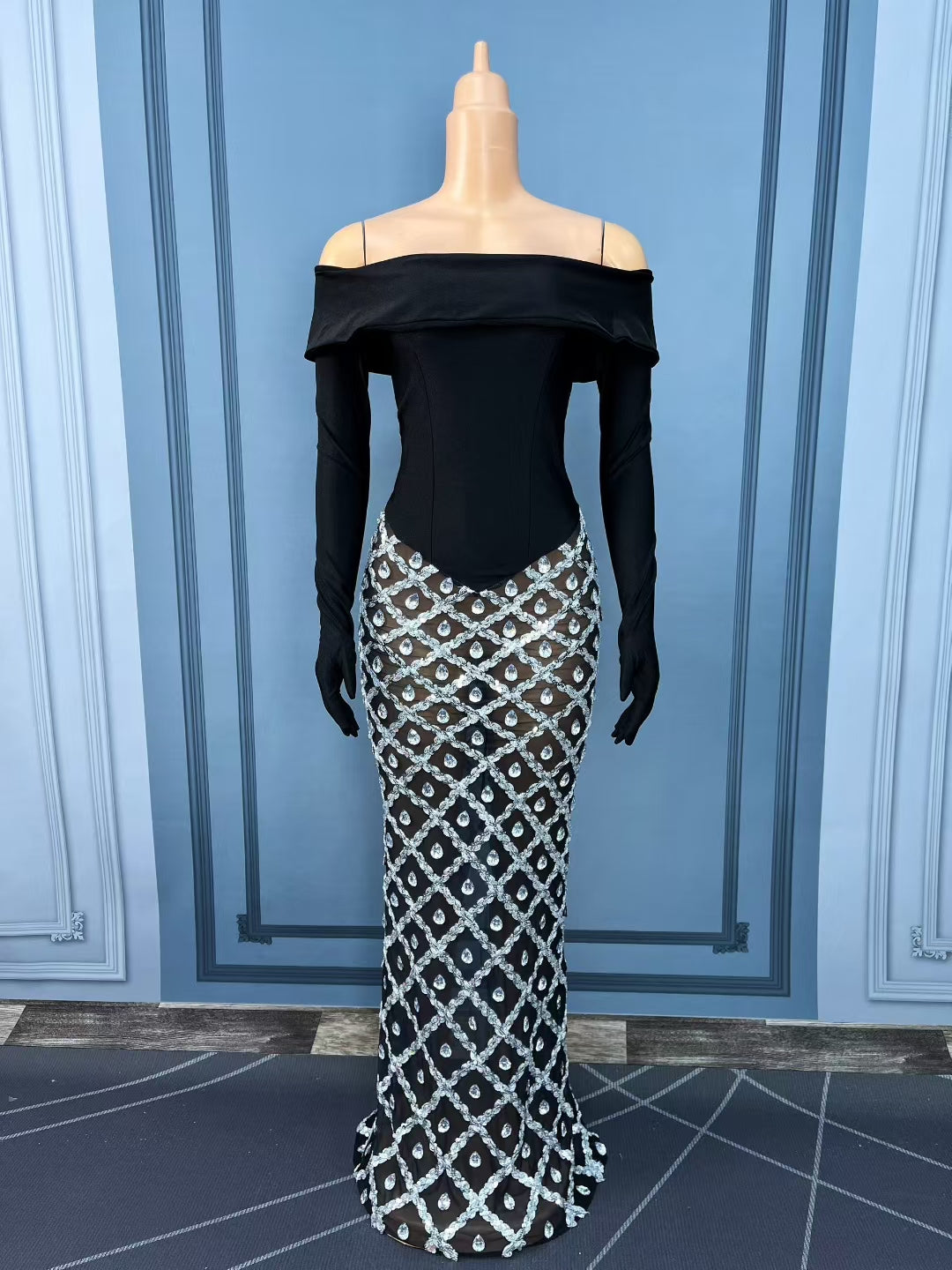CELESINYI Heben Crystal Glove Mermaid Gown