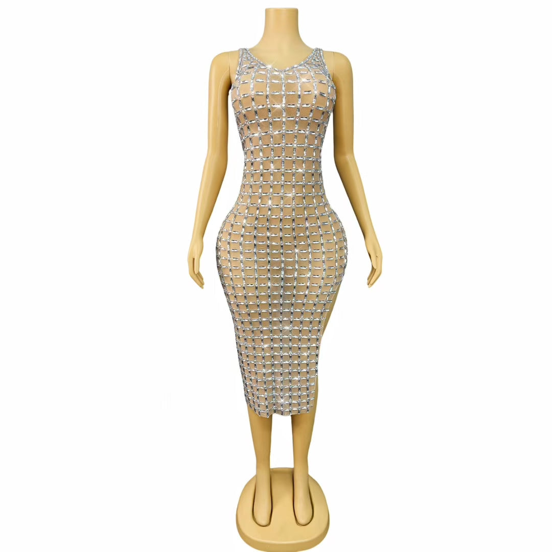 CELESINYI Duanshutiao Crystal Checker Midi Dress