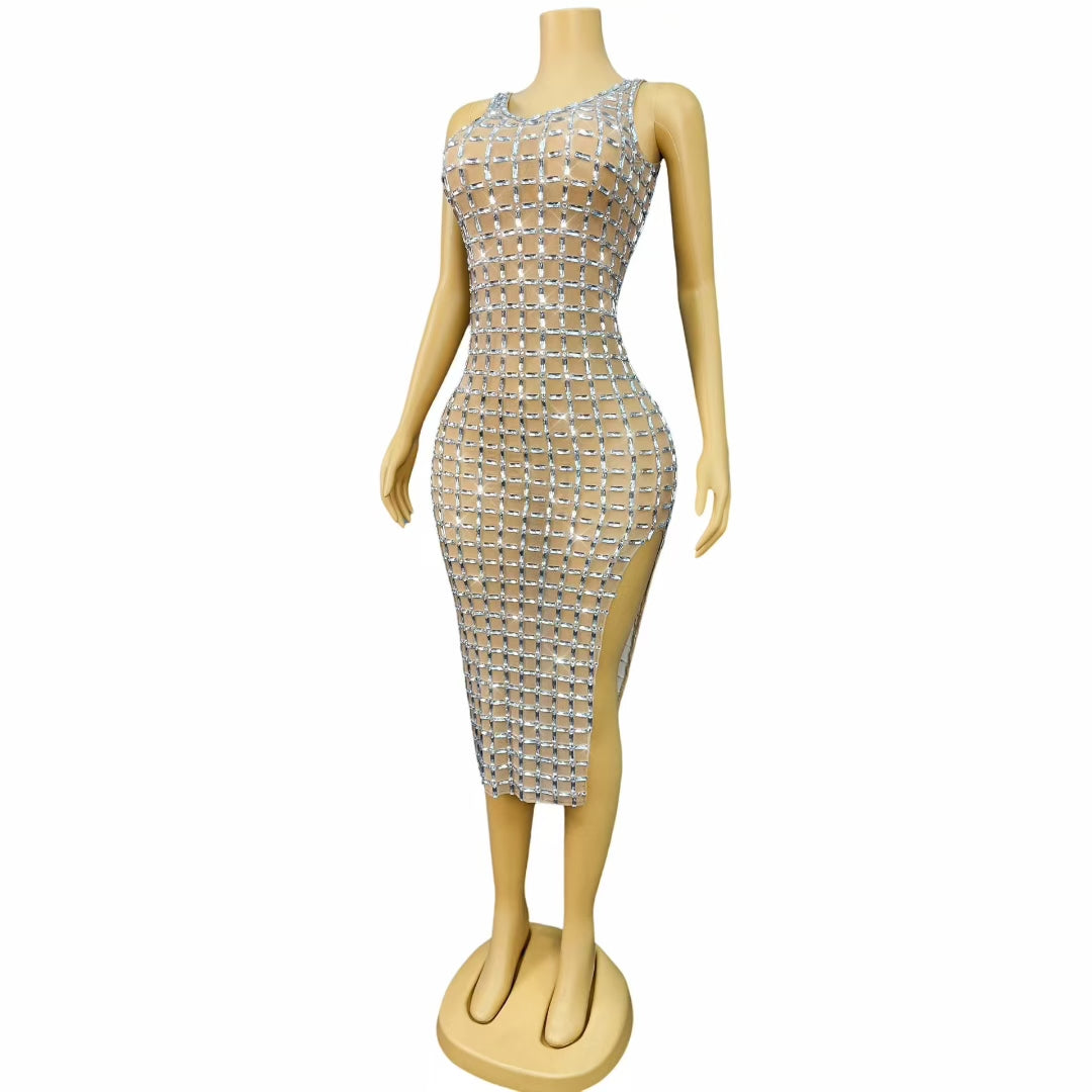CELESINYI Duanshutiao Crystal Checker Midi Dress
