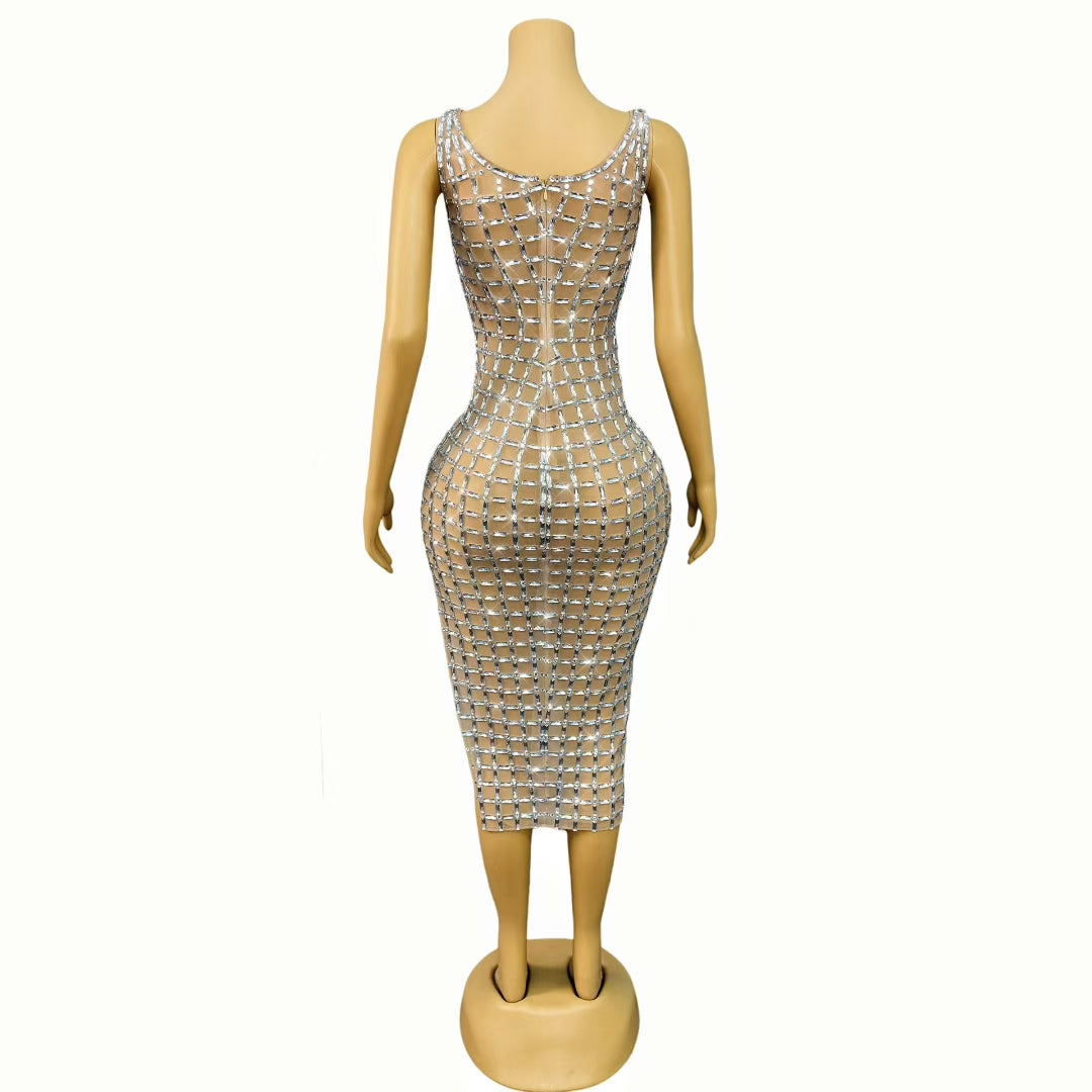 CELESINYI Duanshutiao Crystal Checker Midi Dress