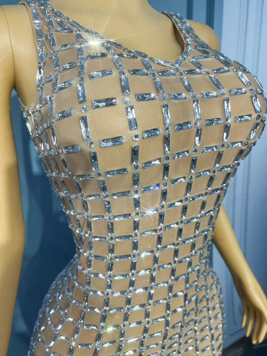 CELESINYI Duanshutiao Crystal Checker Midi Dress
