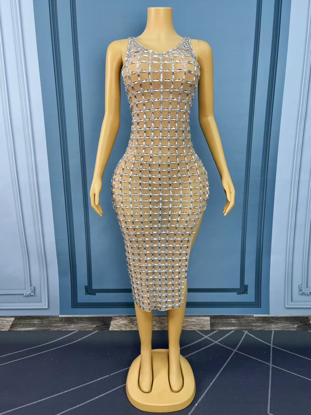 CELESINYI Duanshutiao Crystal Checker Midi Dress