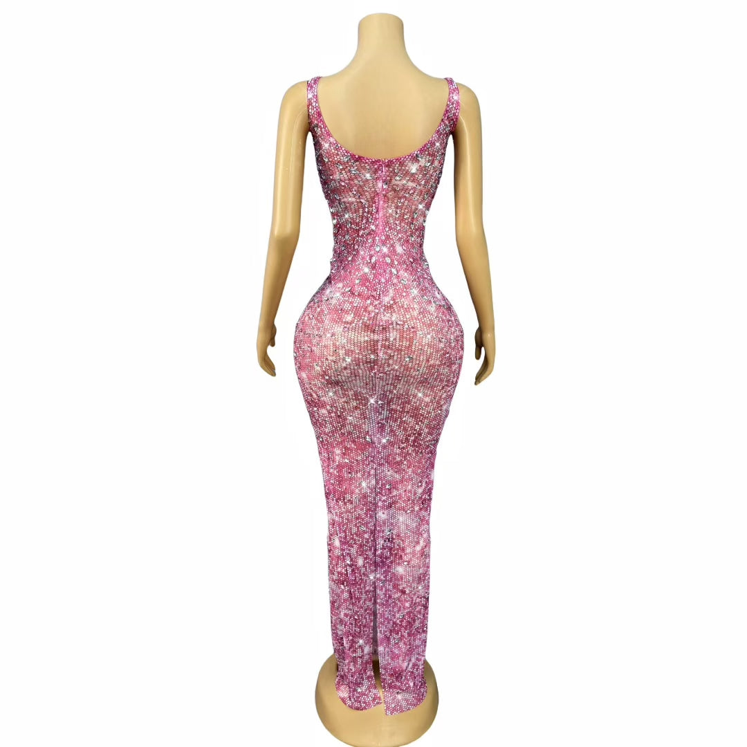 CELESINYI Huami Crystal Pink Mermaid Gown