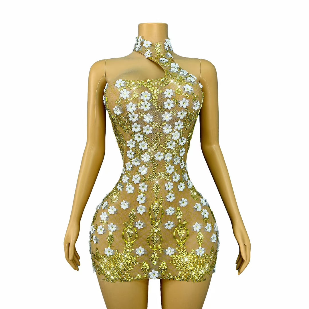 CELESINYI Jinyinhua Crystal Honey Mini Dress