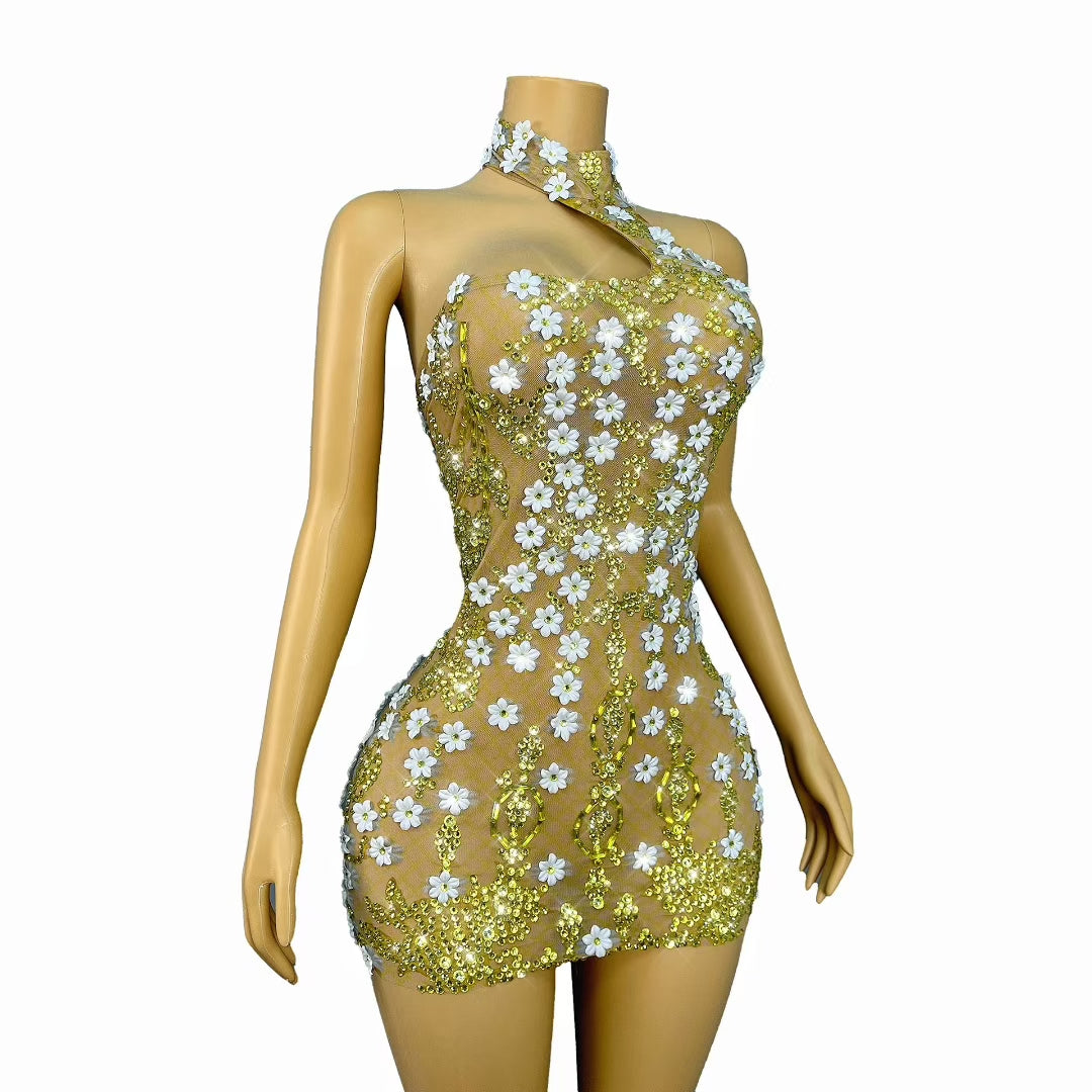 CELESINYI Jinyinhua Crystal Honey Mini Dress