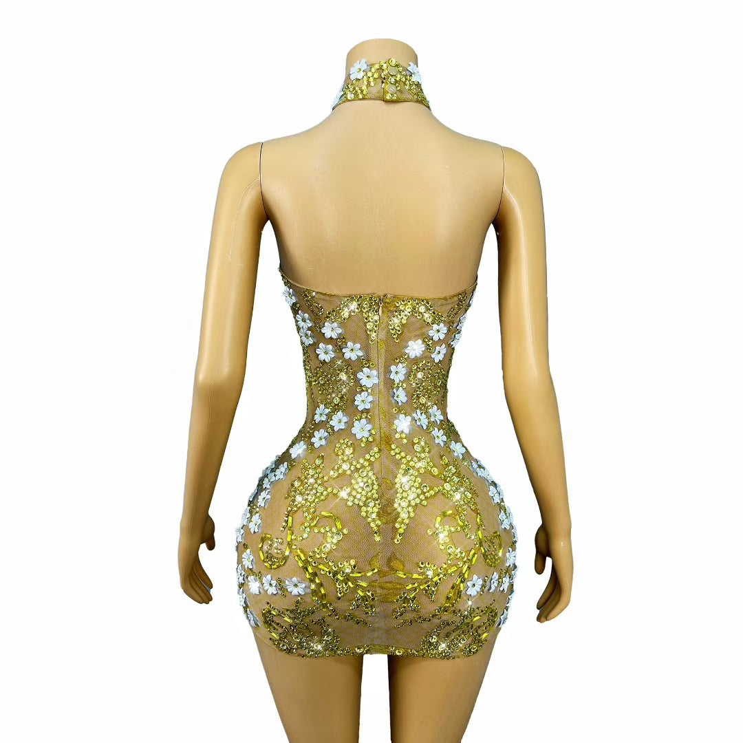 CELESINYI Jinyinhua Crystal Honey Mini Dress