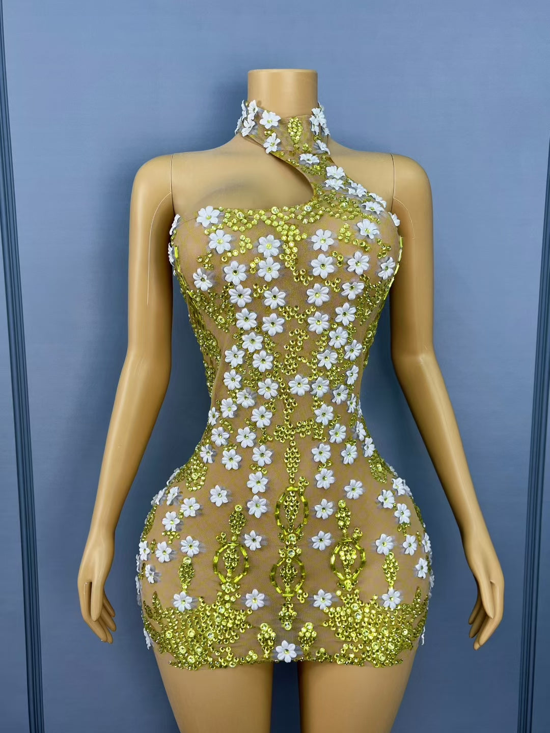 CELESINYI Jinyinhua Crystal Honey Mini Dress