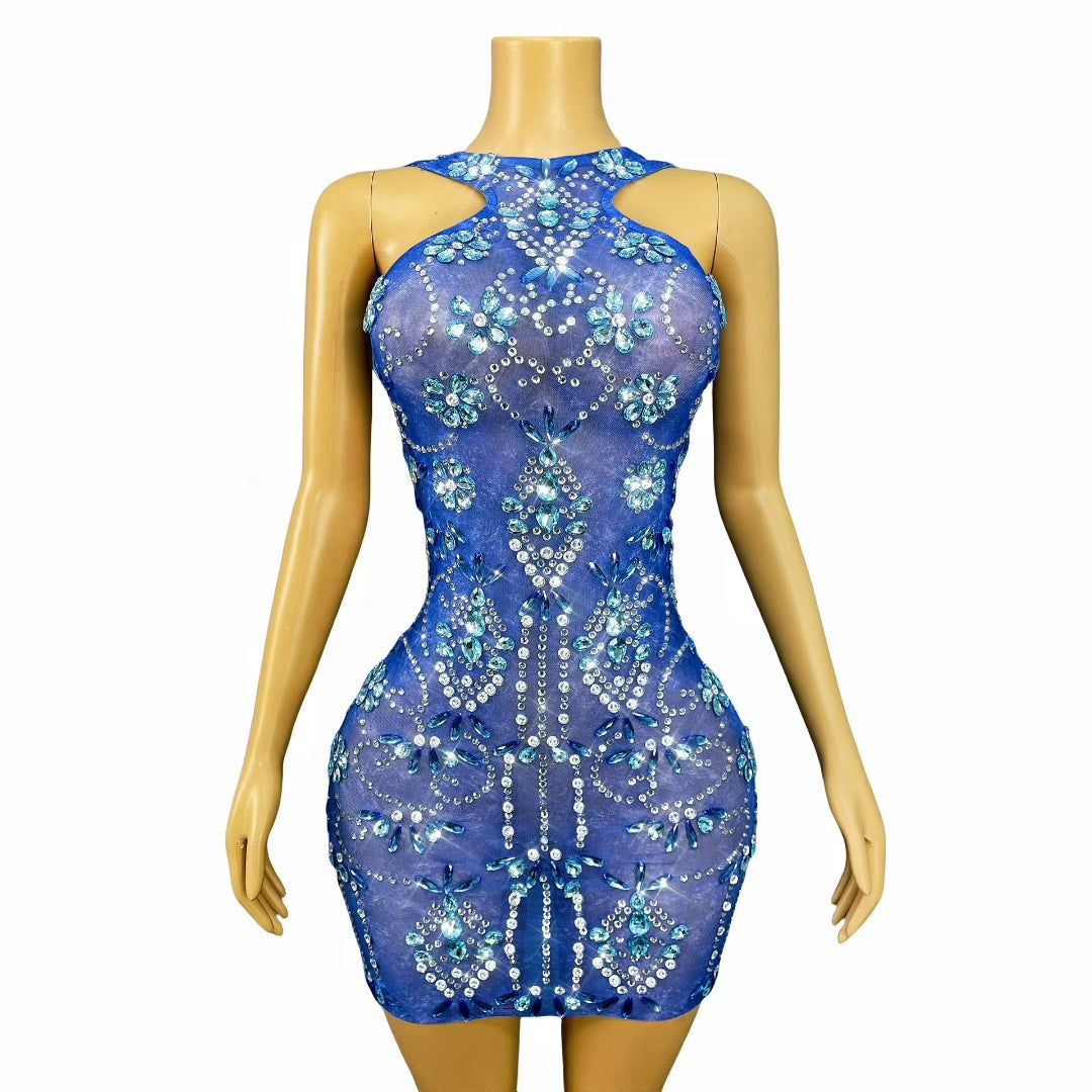 CELESINYI Lanqingshi Crystal Cobalt Mini Dress