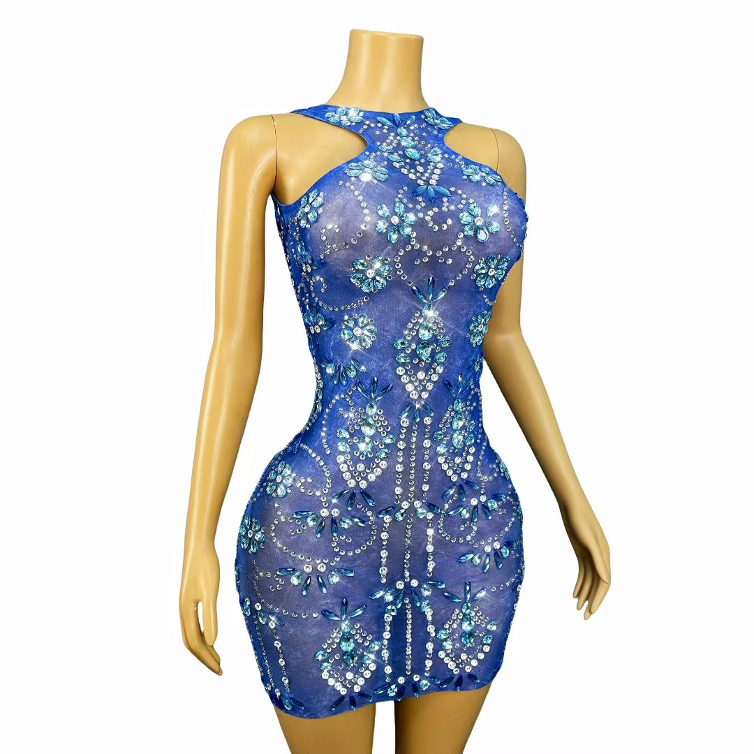 CELESINYI Lanqingshi Crystal Cobalt Mini Dress