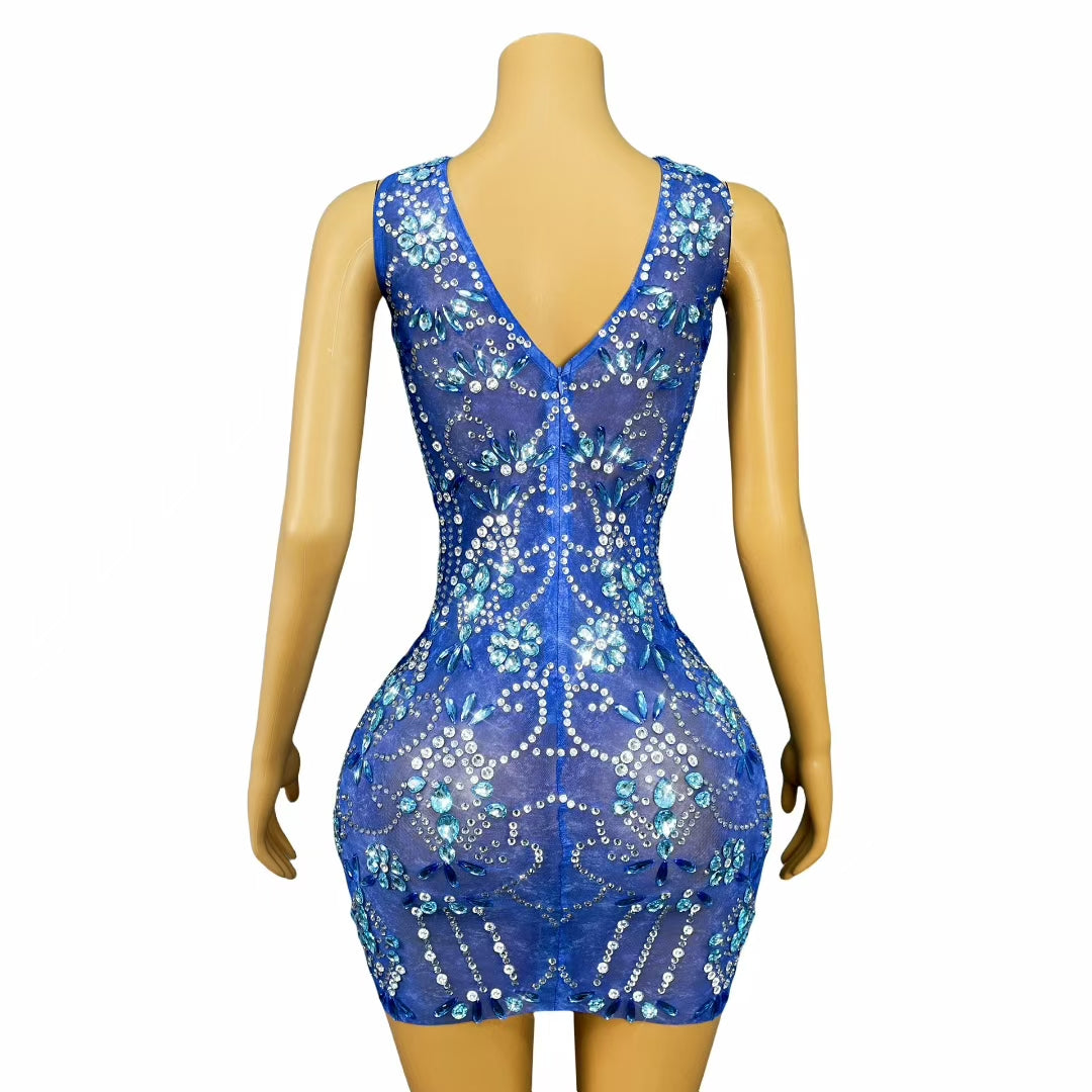 CELESINYI Lanqingshi Crystal Cobalt Mini Dress