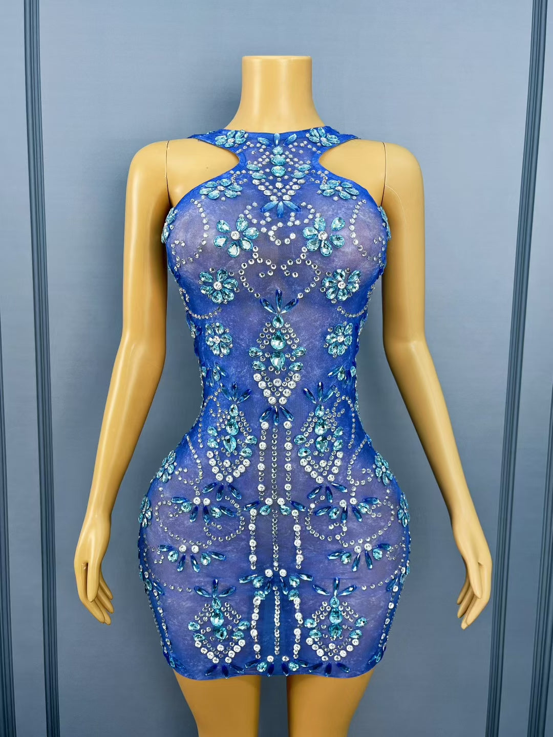 CELESINYI Lanqingshi Crystal Cobalt Mini Dress