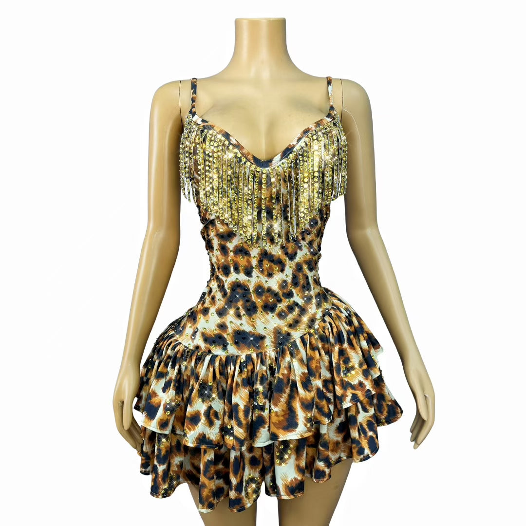CELESINYI Qiancengbao Crystal Leopard Mini Dress