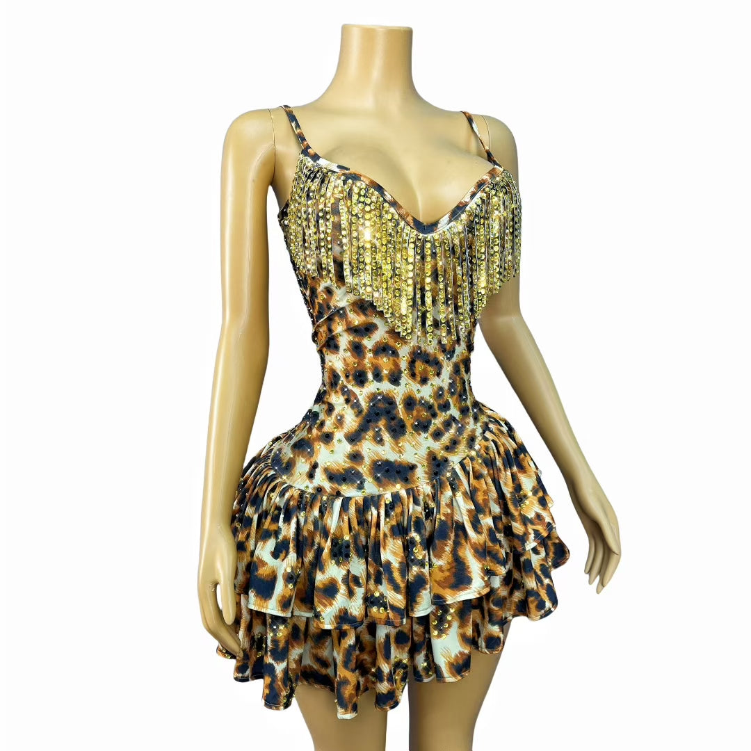 CELESINYI Qiancengbao Crystal Leopard Mini Dress